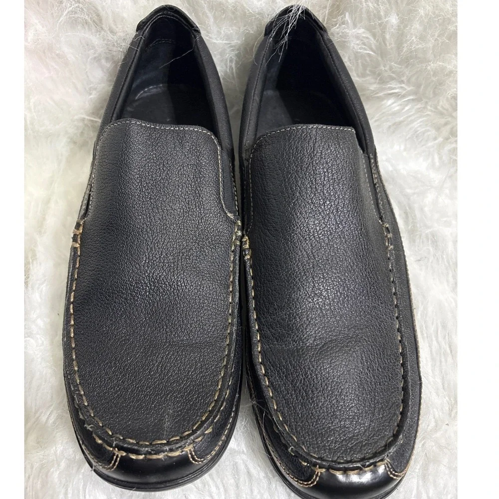 Cole Haan Mens Black Pebbled Leather Moc Toe Slip On Loafers Business Casual